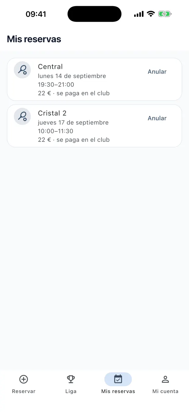 Pantalla de mis reservas en la app de Sierra Morena